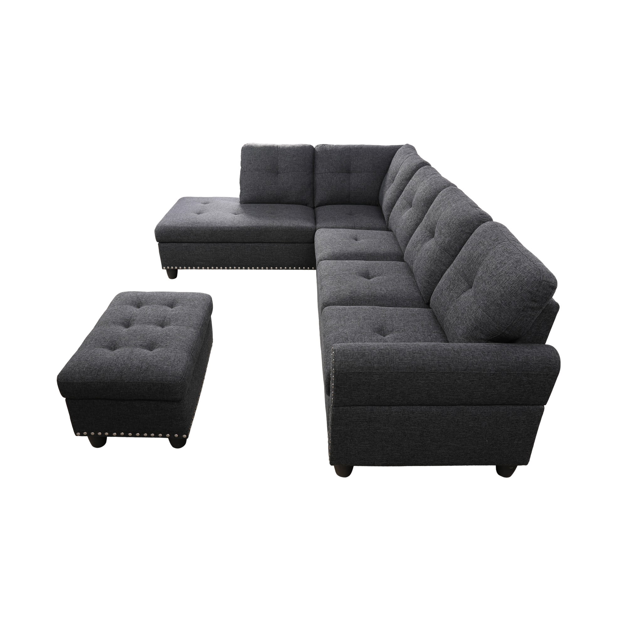 BSHTI 3-Seat Contemporary Linen L-Shaped Sectional Sofa with Reversible Storage Chaise, Storage Ottoman, Cup Holders for Living Room（Charcoal Gray）