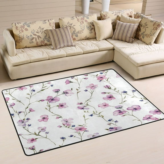 Non-Slip Area Rug 36"x24" Indoor Washable Floor Mats Carpet Printed for Living Room, Bedroom, Home Decor Watercolor Small Pink Wildflowers