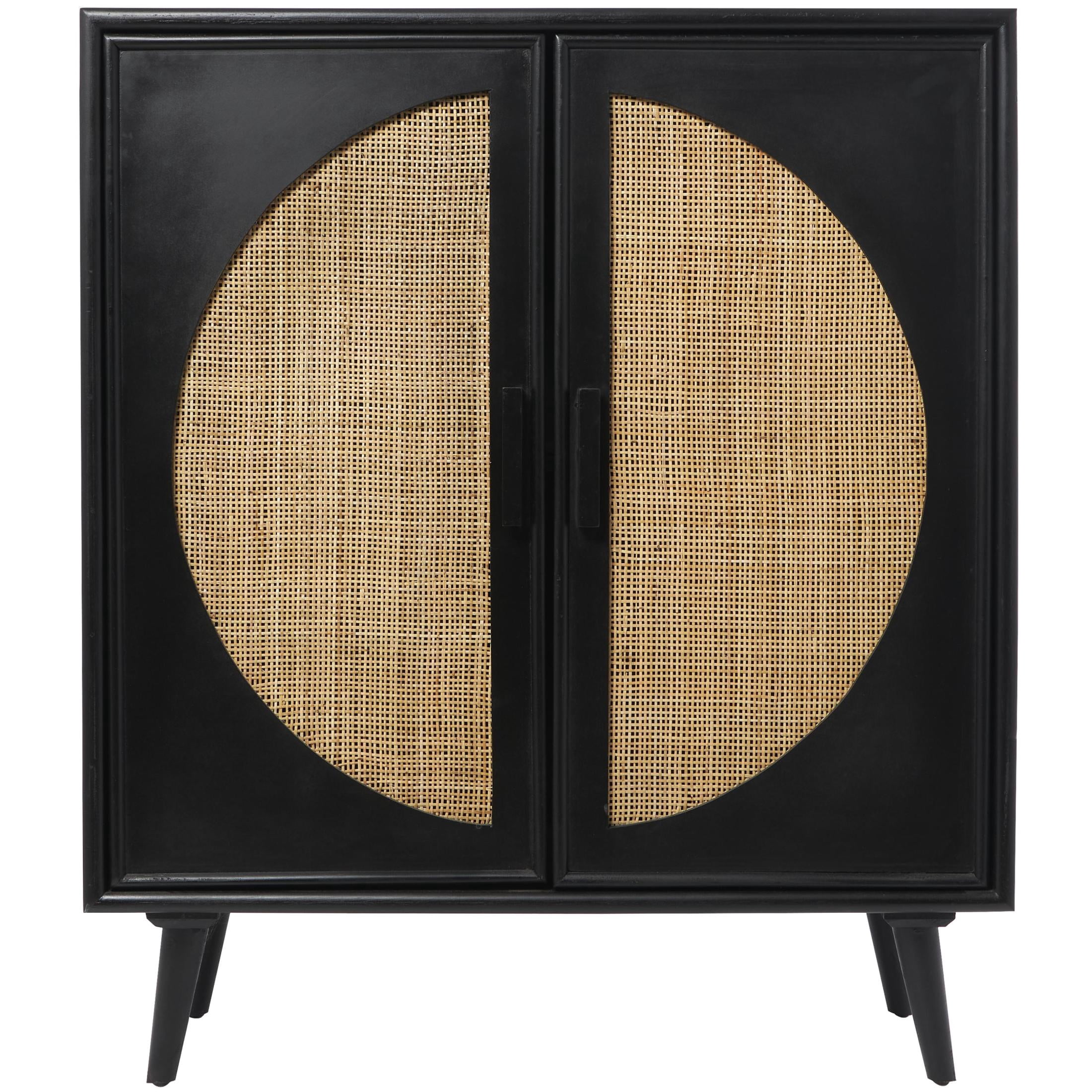 DecMode 36" x 43" Black Wood Square 2 Door Geometric Cabinet with Circular Rattan Accent, 1-Piece
