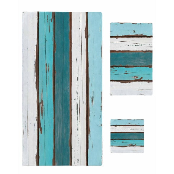 Turquoise Teal Bath Towels for Bathroom Set,Luxury Microfiber Towels Gifts for Women,Quick Dry Beach Kitchen Hand Hair Face Towel and Dish Washcloth,Farmhouse Retro Ombre Wooden Grain Towels Set