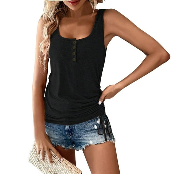 Xyxonk Tank Tops for Women U Neck Buttons Sleeveless Vest Casual Solid Color Sleeveless Drawstring Top Fashion Outfit Clothes,Black L