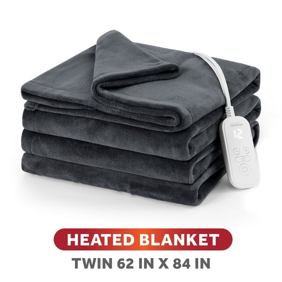 Sunbeam Heated Electric Microplush Bed Blanket, Greystone, Twin Size, 12 Heat Settings, 62 x 84 in