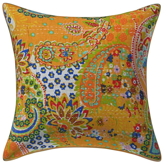 Stylo Culture Indian Chair Seat Throw Pillow Cover 16 x 16 Paisley Floral Kantha Mango Yellow Printed 40 x 40 cm Home Decor Cotton Square Cushion Cover | 1 Pc