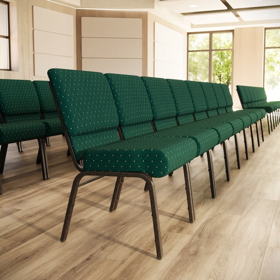 Flash Furniture 4 Pack 21''W Stacking Church Chair in Hunter Green Dot Patterned Fabric - Gold Vein Frame