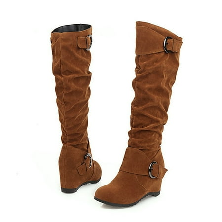 

Tawop Silver Boots Wedge Height Increase Shoes High Heel Casual Solid Color Slip-On Winter Warm Belt Buckle Knee-Length Knight Boots Kids Snow Boots Womans Boots