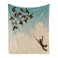 thumbnail image 1 of Birds Soft Flannel Fleece Blanket, Silhouette of Boy Carried by Flying Pigeons Inspiration Follow Your Dreams Print Home, Cozy Plush for Indoor and Outdoor Use, 50" x 60", Multicolor, by Ambesonne, 1 of 6