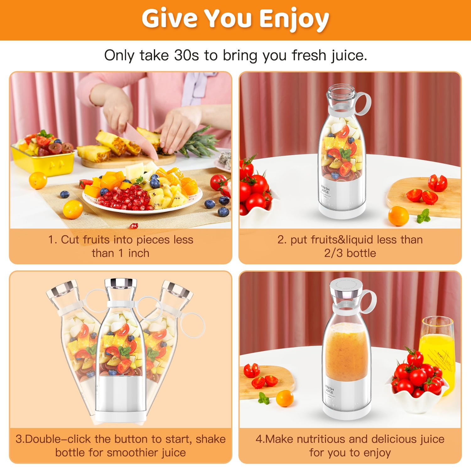 Uezeth Portable Blender, Electric Blender Bottle Juicer Cup, Personal Blender for Shakes and Smoothies,350ml