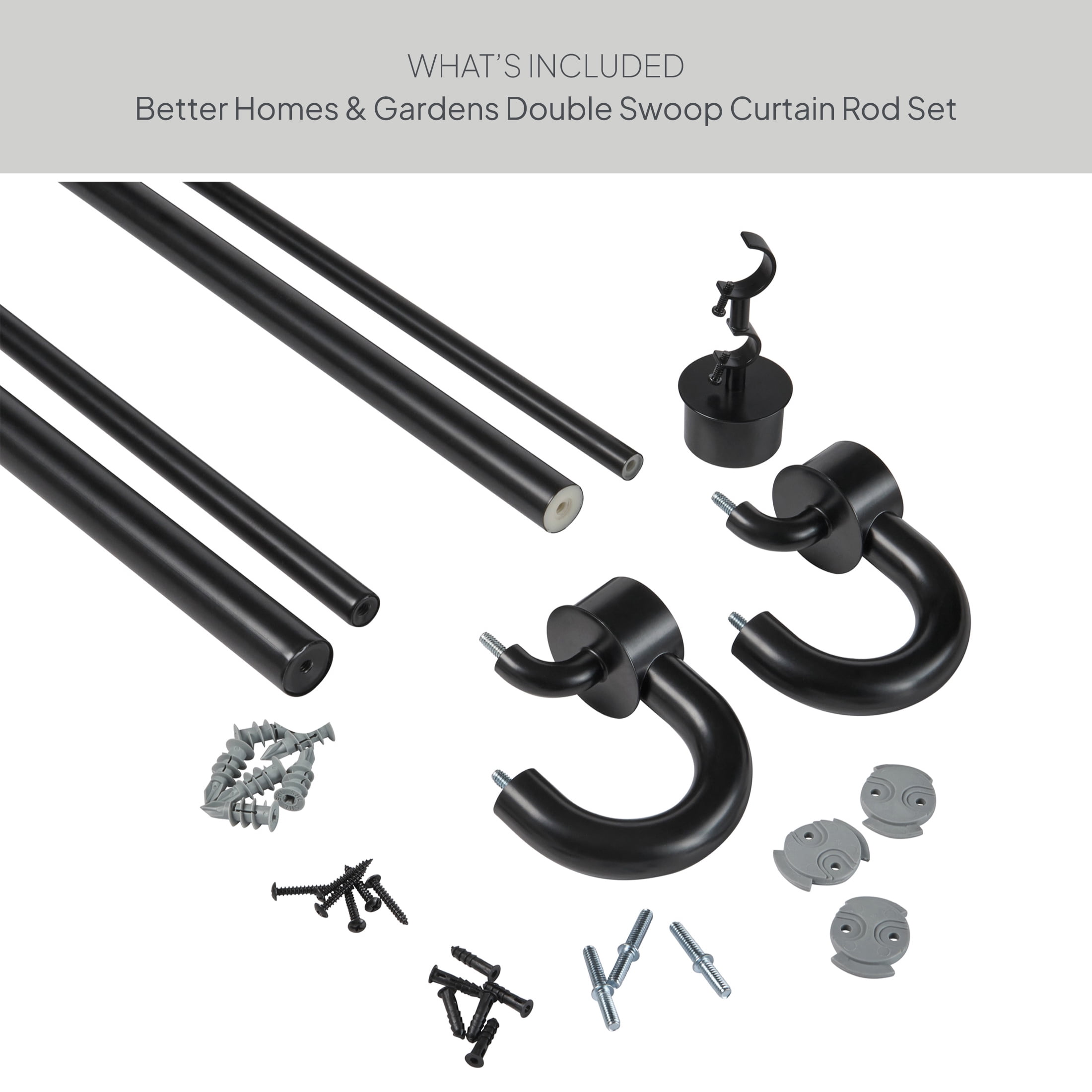 Better Homes & Gardens 1 in Matte Black Swooping Adjustable Double Curtain Rod Set, 32-120 in