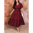 thumbnail image 6 of Burgundy Plus Size V-Neck Wrap Maxi Dress With Tiered Ruffle Hem And Self-Tie Waist Belt, Short Sleeve, 6 of 8