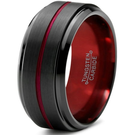 Tungsten Wedding Band Ring 10mm for Men Women Red Black Beveled Edge Brushed Polished Center Line Lifetime Guarantee