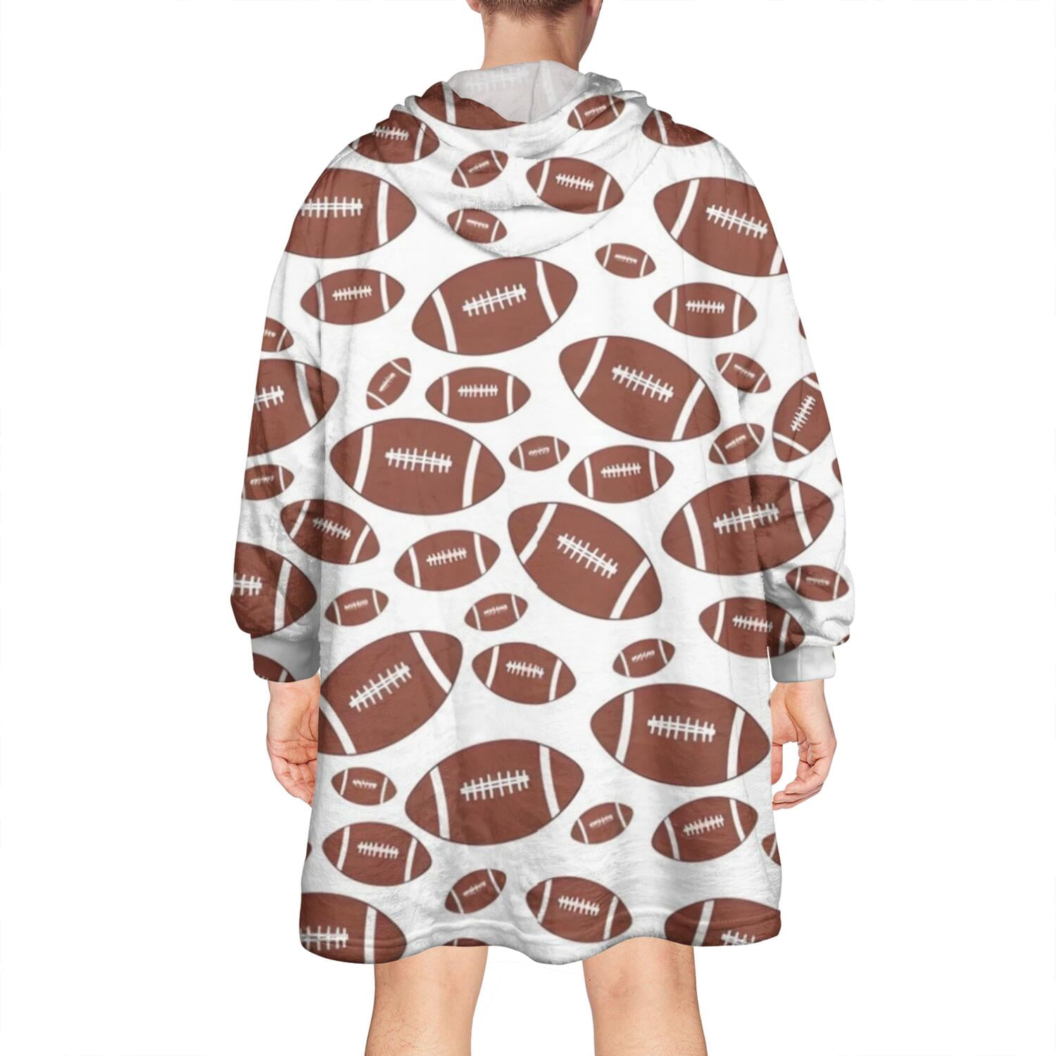 White Brown Footballs Pattern Wearable Oversized Blanket,Wearable Blanket Hoodie for Adults,Cozy Hooded Blankets with Super Pockets,Super Warm Fuzzy Pullover for Women & Men
