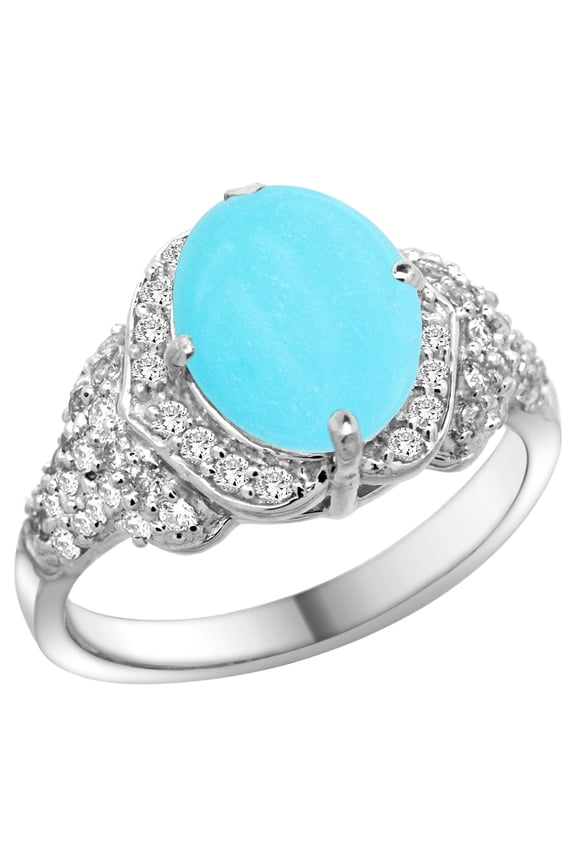 14k White Gold Natural Turquoise Ring Diamond Halo Oval 10x8mm, 1/2 inch wide, size 8