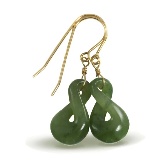 Spyglass Designs 14k Solid Yellow Gold Nephrite Jade Earrings Green Double Infinity Carved Womens
