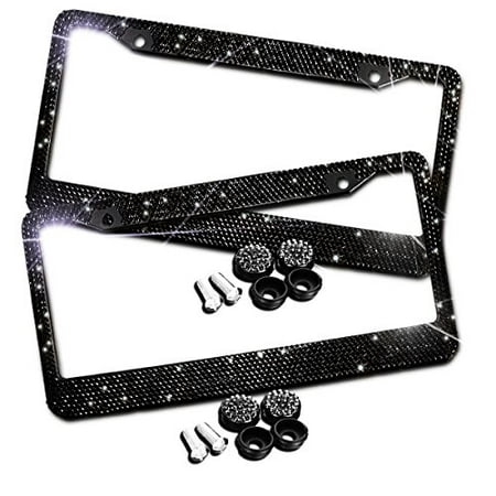 Zento Deals Sparkling Black Rhinestone Glitter Mixed Crystal Bling Stainless Steel License Plate Frame-2 Pack of All Weather-Proof Super Adhesive Black Rhinestone License Plate