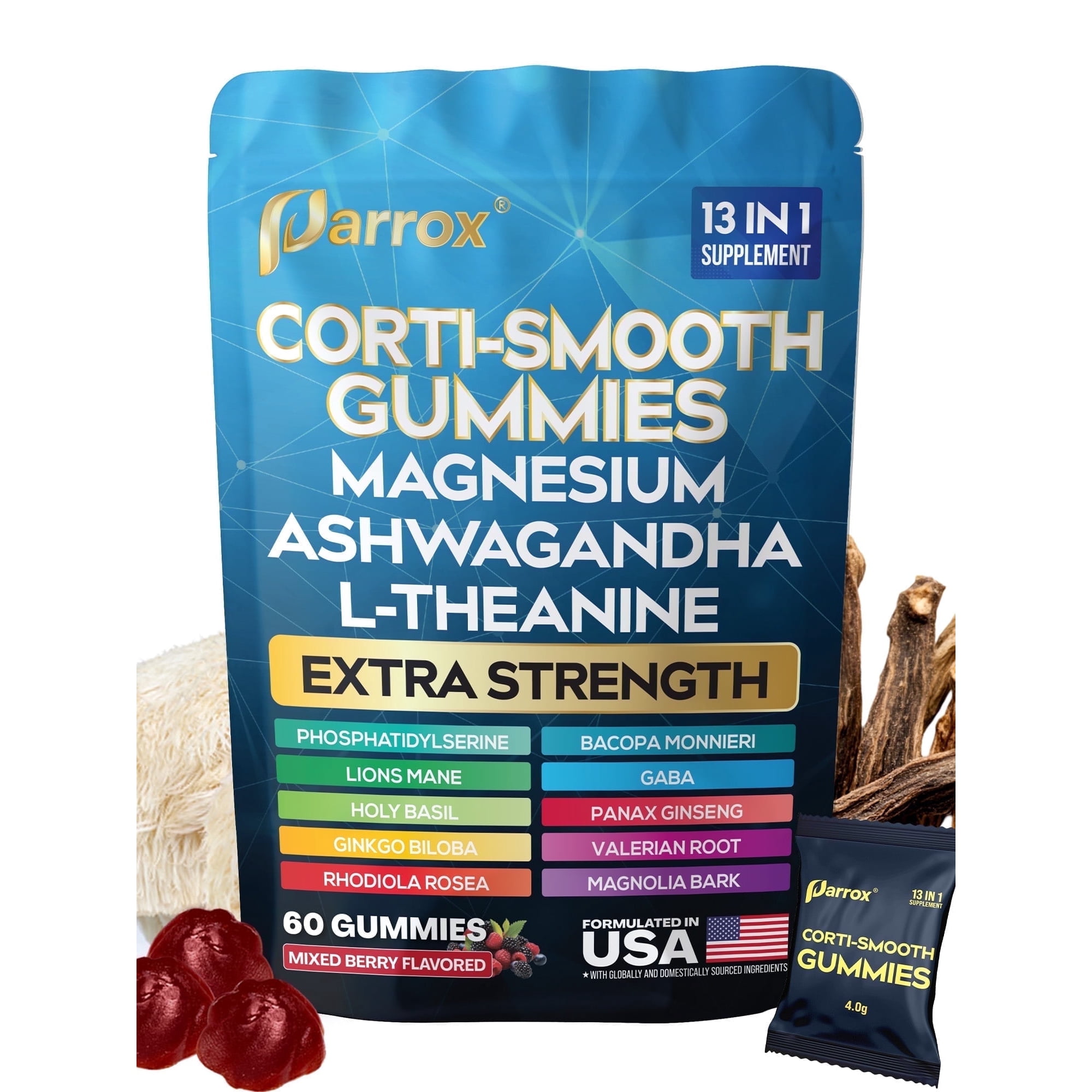 Corti-Smooth Cortisol Support Gummies with Magnesium, L-Theanine, Ashwagandha, Phosphatidylserine, Bacopa Monnieri, Lions Mane, Ginkgo Biloba, Valerian Root (60 Gummies - Mixed Berry Flavor)