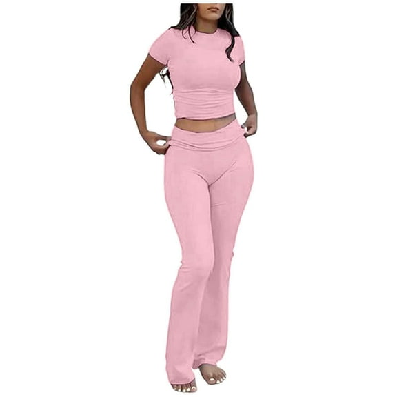 Women's Casual 2 Piece Trousers Suit Slim Fit Solid Color Top and Flare Leggings Set Comfortable Stylish Outfit