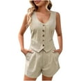 thumbnail image 2 of Htigea Women's Summer 2 Piece Outfits Sleeveless Matching Sets Button Down V Neck Vest Waistcoat and Pockets Shorts Fall Savings Khaki,M, 2 of 6