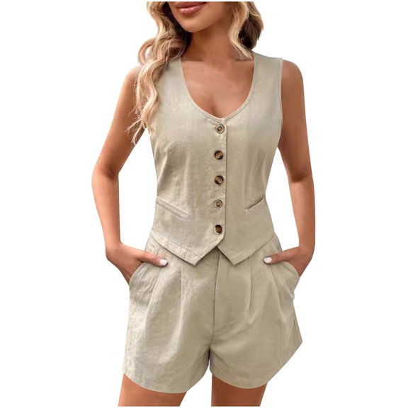 RYRJJ Womens Summer Two Piece Sets Button Down V-Neck Sleeveless Crop Vest Blazer and High Waisted Shorts Suit Set Trendy Casual Business Work Outfits