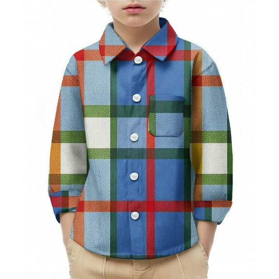 Cethrio Boys Plaid Shirts, 2025 Long Sleeve Collared Casual Button Down Shirts Blue Size 7
