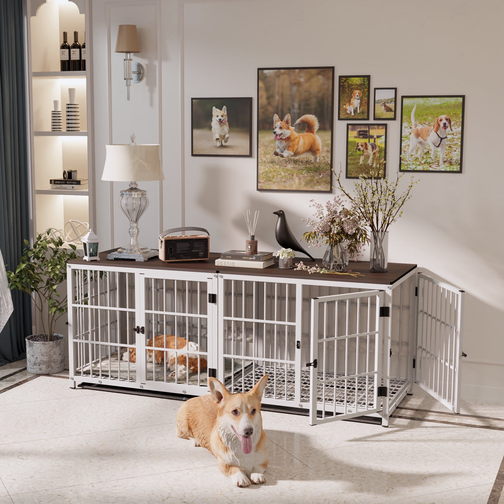 Bingopaw Triple Door Wooden Dog Crate Indoor, White, Large, Removable Tray, 36.02"L x 25"W x 29.33"H
