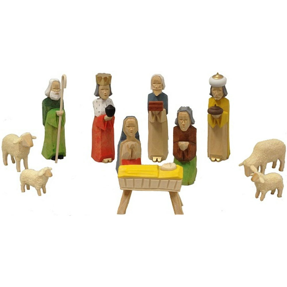 Colored German Carved Wood Christmas Nativity Scene Set of 11 Pieces