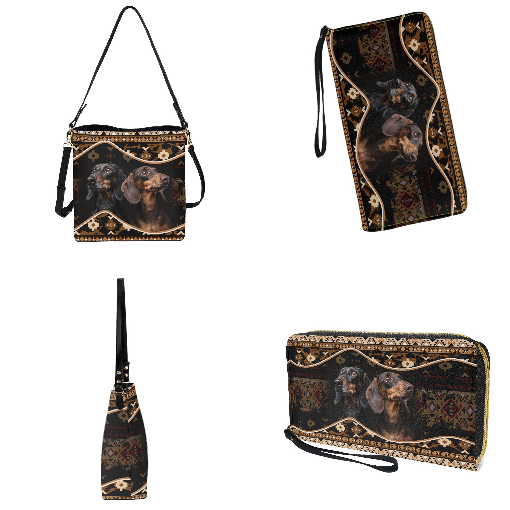 ZUXONGSY Aztec Dachshund Print Leather Crossbody Handbag with Wrist Wallet for Women Trendy Crossbody Hobo Bag with Wallet Set Large Bucket Crossbody Bag Set for Working