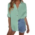 thumbnail image 2 of Camisa HOTOUCH de lino con botones para mujer, manga larga, verde, talla M, 2 of 5