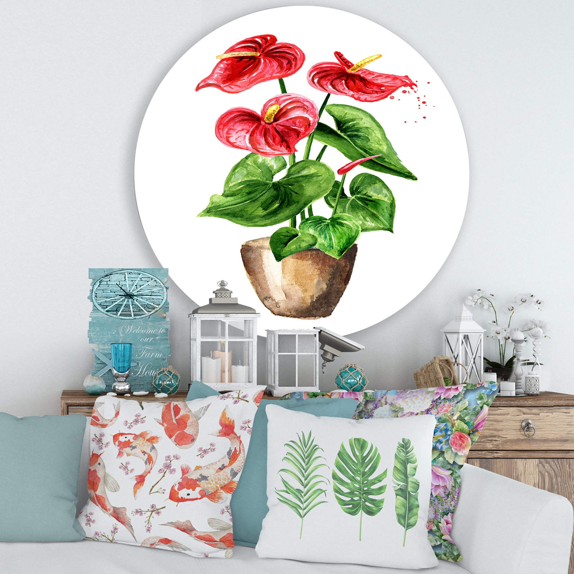 Designart 'Anthurium Tailflower In The Pot' Traditional Circle Metal Wall Art 36x36 - Disc of 36