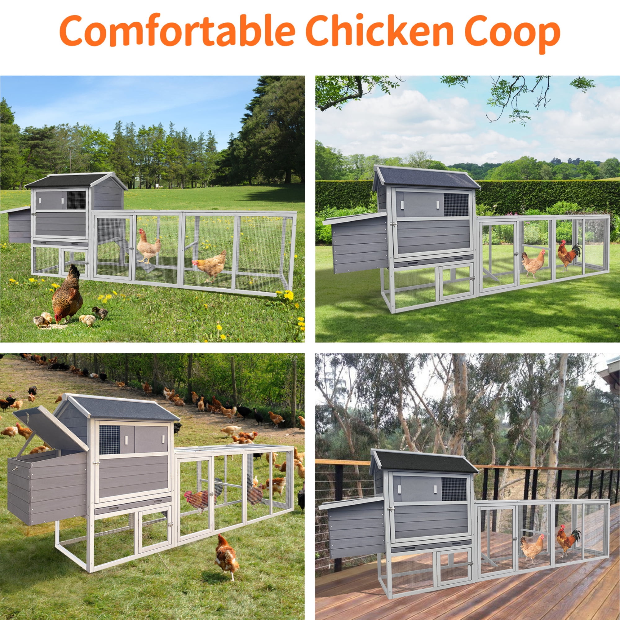 Leumius Wooden Chicken Coop, Large Outdoor Hen House with Run and Nesting Box Poultry Cage, Rabbit Hutch, Waterproof Anti-UV Panel for Backyard Gray