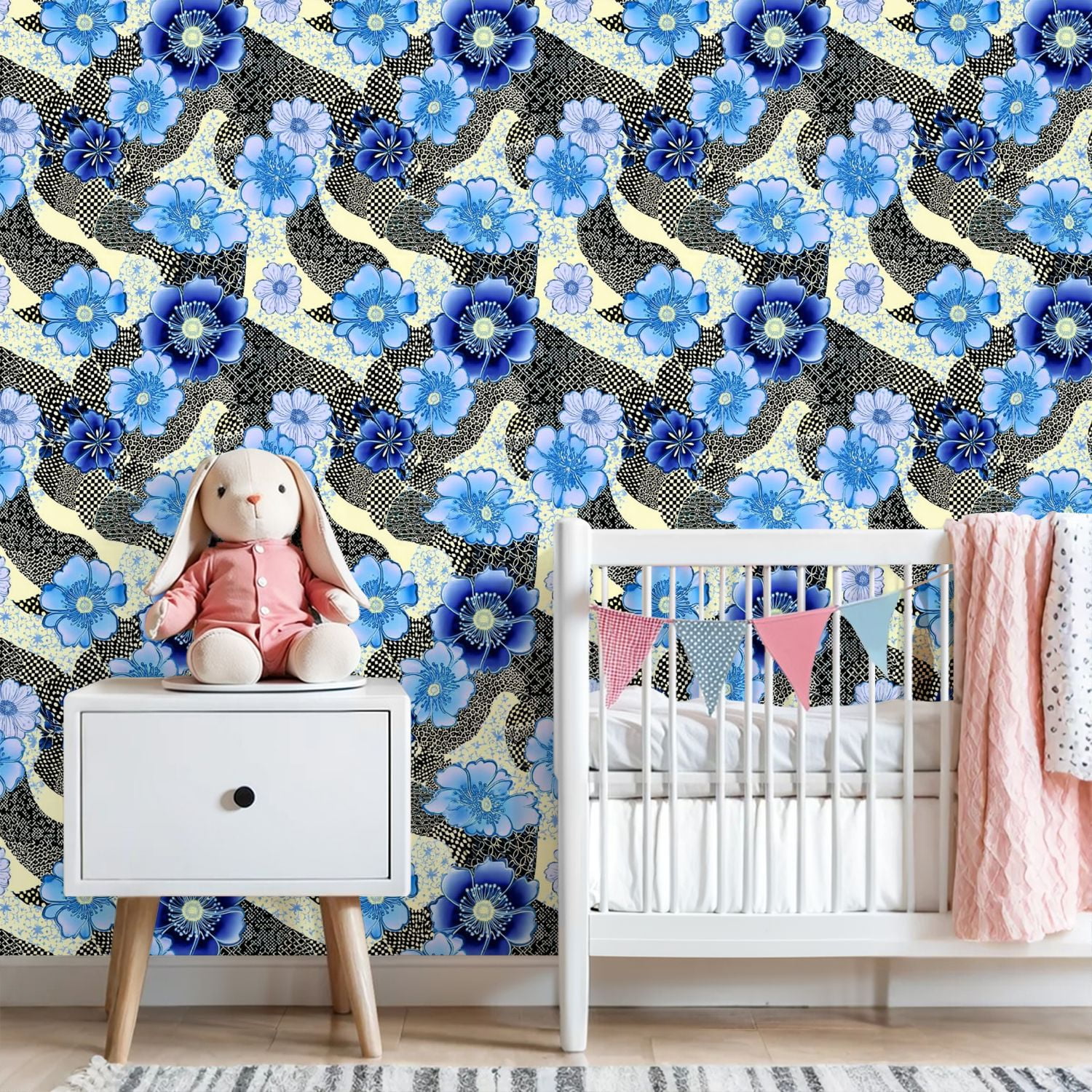 Peel and Stick Wallpaper 23.6in x 9.8ft Blue Floral Blossom Abstract Geometric Shapes Textured Contact Paper Vinyl Self-Adhesive Removable Wall Paper for Bedroom Bathroom Renter Friendly