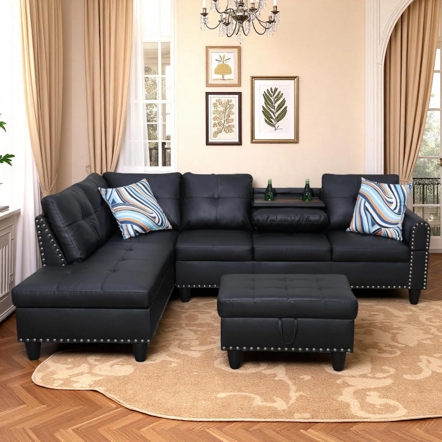 3-Piece L-Shaped Sectional Sofa with Movable Chaise & Storage Ottoman, Faux Leather Living Room Modular Convertible Couches Set for Home Apartment Office, Black