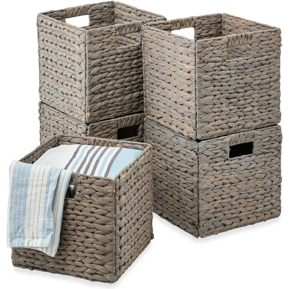 WILLYO  12x12in Pack of 5 Cube Storage Baskets, Water Hyacinth Multipurpose Collapsible Organizers, Handwoven Laundry Totes for Laundry, Living Room, Kids Room & Nursery - Gray