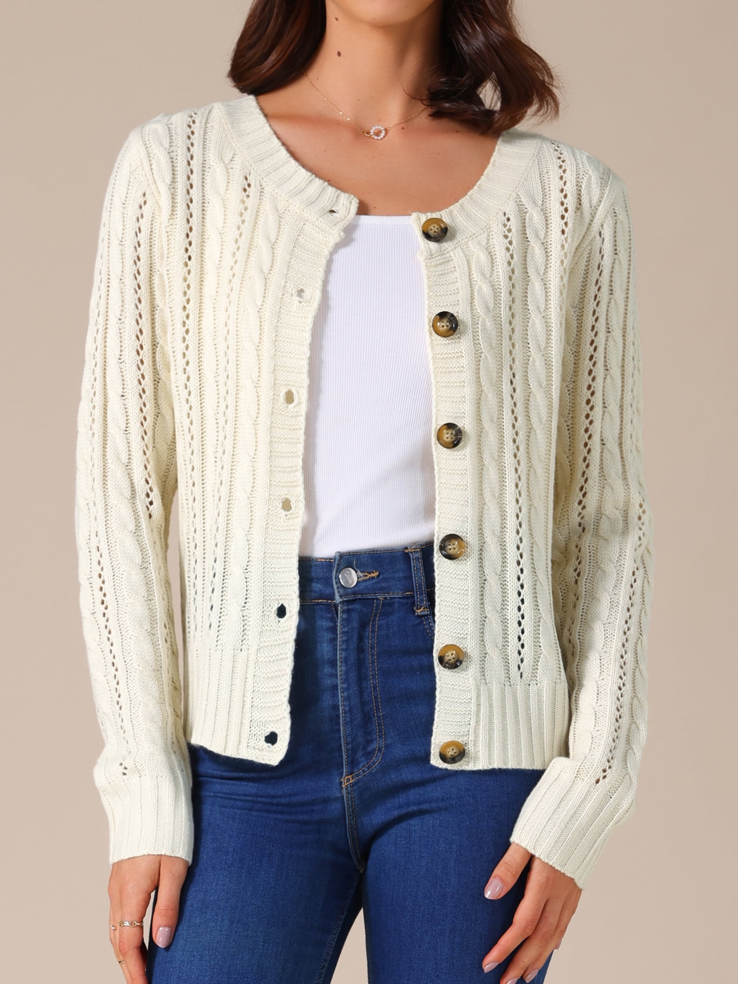 DARING DIVA Women's Open Front Button Down Cable Knit Cardigan Sweater M Apricot