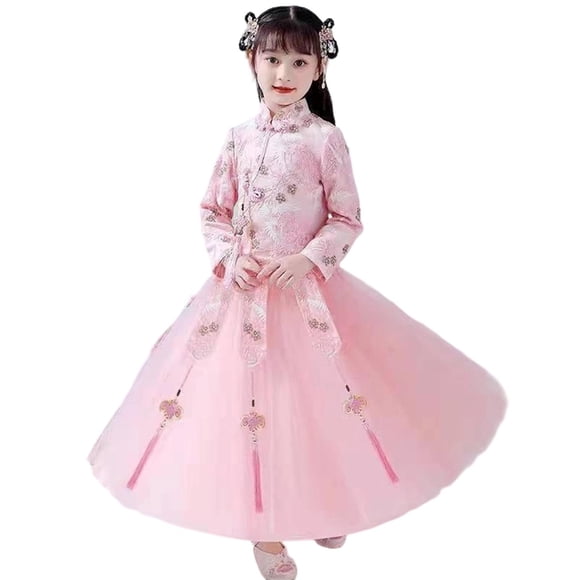 Elegant Chinese Traditional Girls Dress Gown with Floral Embroidery for Fitness Home and Everyday Occasions