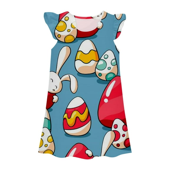 Pajamas Dress Toddler Girls Easter Bunny Egg Nightgown Flutter Sleeve Pajamas Dress Nightdress Sleepwear #Blue 3-4 Years