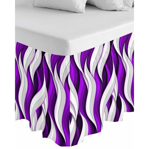 Purple White Moire Wrap Around Bed Skirts for King Bed 18" Drop, Bed Skirt with Adjustable Elastic Belt Dust Ruffle Bed Valance for Bedroom Hotel Luxury Modern Abstract Art Bed Frame Cover