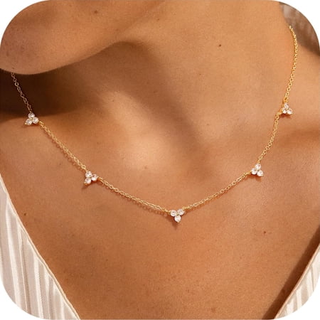 Turandoss Gold Plated Necklace for Women Dainty Station Clover Choker Necklace 14K Gold Plated Cubic Zirconia Cute Station Trendy Prom Jewelry Gifts for Women Girl