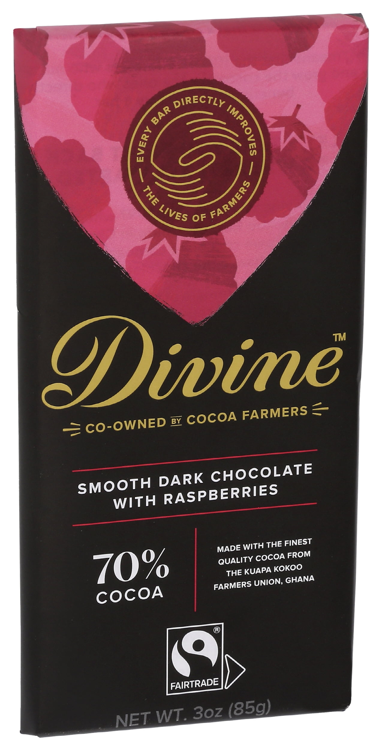 (Pack of 12), Divine Chocolate 70% Dark Chocolate with Raspberries, 3 oz