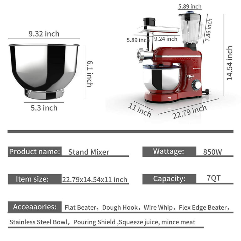 Nurxiovo 3 In 1 Upgraded Stand Mixer, 6 Speed and Pulse Kitchen Food  Standing Mixer with 6.5 QT Stainless Steel Bowl, Multifunction Home mixer  with Dough Hook, Meat Blender and Juice Extractor, Red 