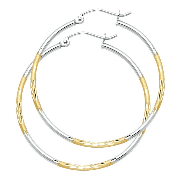 Round Hoop Earrings Solid 14k Yellow White Gold Diamond Cut Satin Finish Fancy Two Tone 35 x 1.5 mm