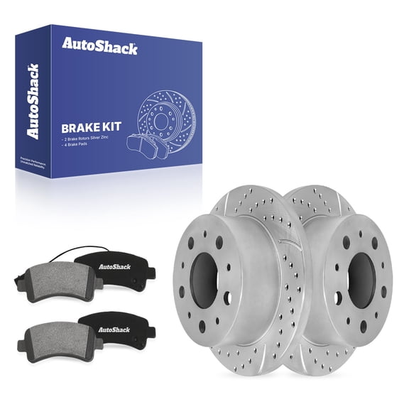 AutoShack Rear Solid Drilled & Slotted Silver Zinc Coated Brake Rotors   Premium Ceramic Pads 6-PC Brake Kit Replacement for 2014-2020 Ram ProMaster 1500 SilverShield Pro 11.01" (279.7 mm)