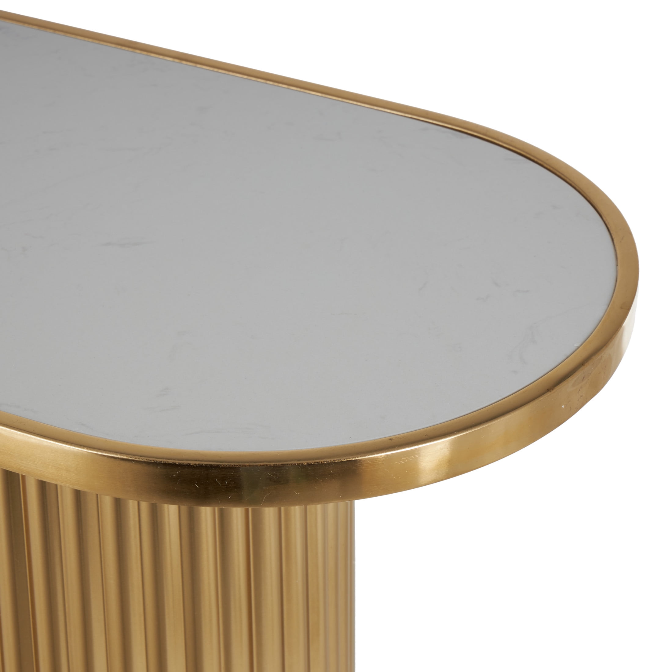 DecMode 47" x 31" Gold Metal Oval Console Table with White Marble Tabletop and Ribbed Legs, 1-Piece