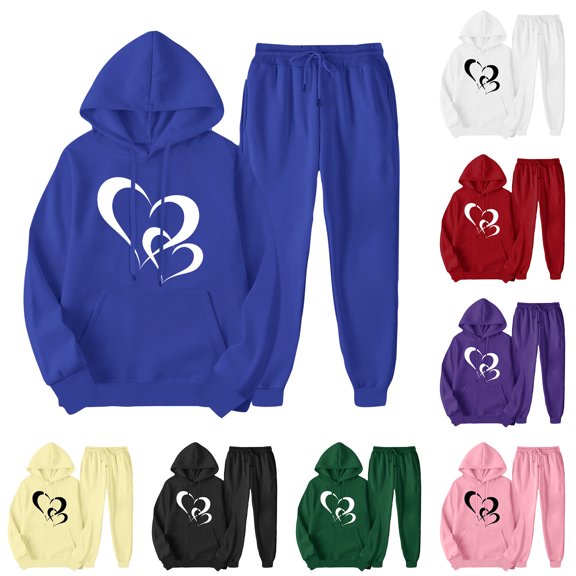 USSUMA Sweatsuits for Women Set Womens Hoodies Long Sleeved Pullover Sweatpant Outfits Pocket Drawstring Print Tracksuit Stretchy Waist Fashion Jogger Sets Plus Size Party Fall Suit