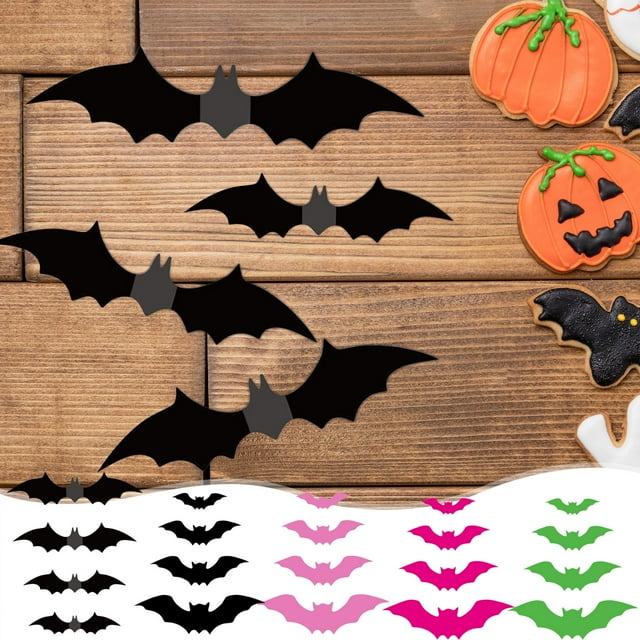 JASKFLY 3D Bat 3D Halloween Bats Wall Stickers - Set of 16 Adhesive Decals for Windows, Doors & Flat Surfaces - Spooky Decorations,Home Decor|Plastic,A
