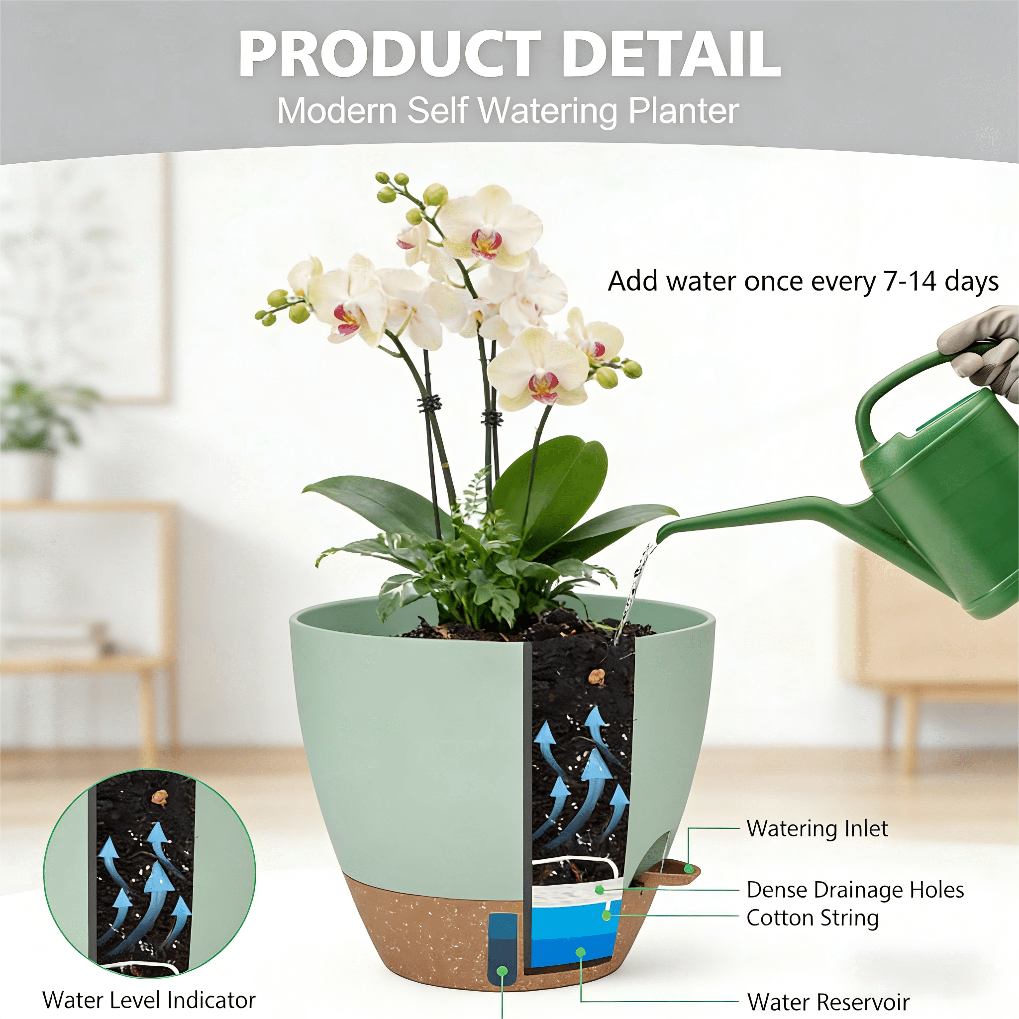 Lopxenu 12" 10" 9" 8" Self Watering Pots with Water Level Indicator, Large Plastic Planters Set with Drainage Hole and Removable Saucer Reservoir, Big Flower Pot for Indoor Outdoor Plants (Green)