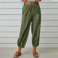 thumbnail image 2 of Brnmxoke Women's Capri Pants High Waist Drawstring Cinch Bottom with Button Cotton Linen Loose Casual Trouser Business Work Pants with Front Pockets Army Green,S, 2 of 8
