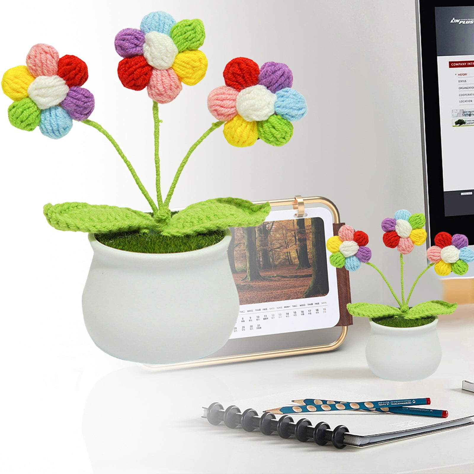 ZFSBZBS 5 Pcs Wool Crochet Sunflower Bouquet Crochet Patted Flowers,Artificial Knitted Puff Potted Plant Handmade Crochet Flower for Home Office Car Dashboard Decor,Camouflage
