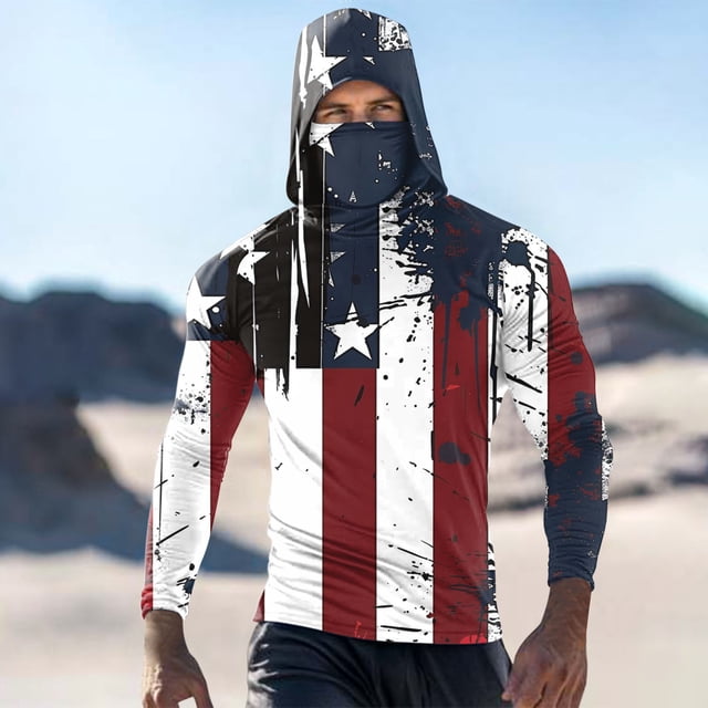 Viluyesy Mens Sun Shirt UV Protection with Face Mask, Printed Quick Dry Breathable Rash Guard Long Sleeve Shirt Navy L