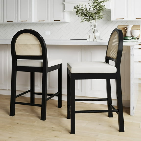 Nathan James Bailey Boucle Upholstered Rattan Bar Stool, Counter Height Stool with Natural Rattan Woven Back For Kitchen Island, White/Black Oak, Set of 2