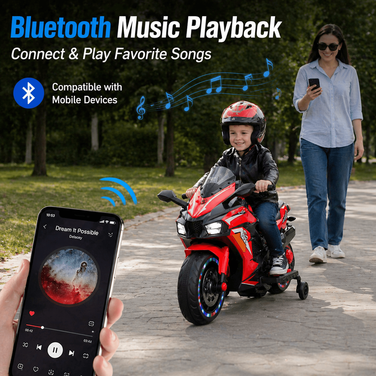 AJOOSOS Electric Motorcycle for Kids 3-5 Years Old, 4 MPH Max Speed, 12V 7AH Battery Powered, LED Lights, Bluetooth Music, Red